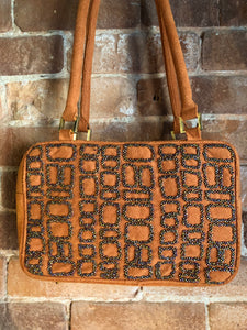 Kingspier Vintage - Inge Christopher orange suede handbag with iridescent beading, top handle and zip closure.