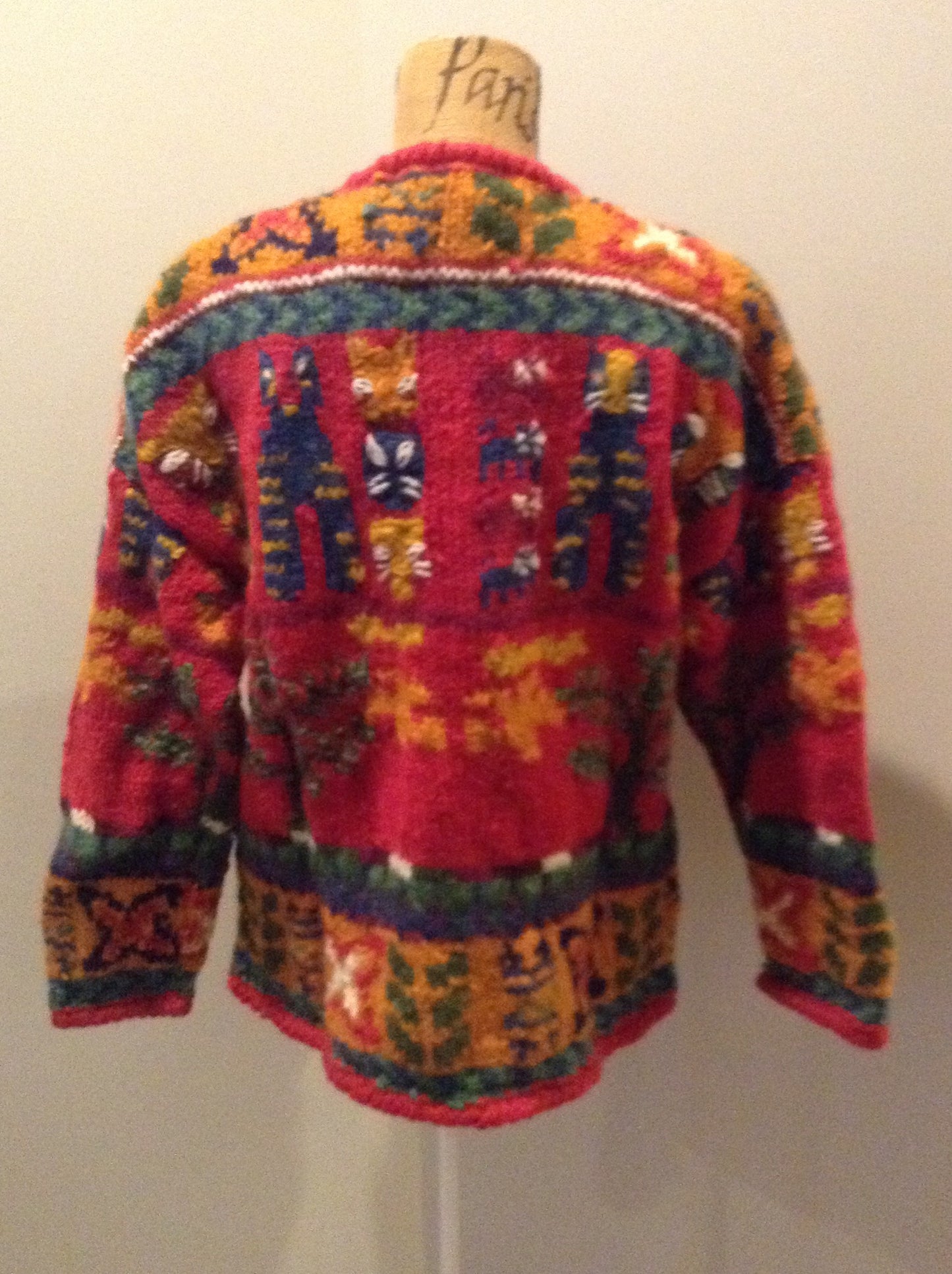 Kingspier Vintage - Express Tricot hand knit wool cardigan with multi coloured cat design, buttons and pockets. Size medium/ large.