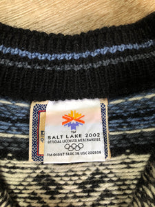 Kingspier Vintage - Dale of Norway black, white and blue 2002 Olympics wool sweater. Size XL.