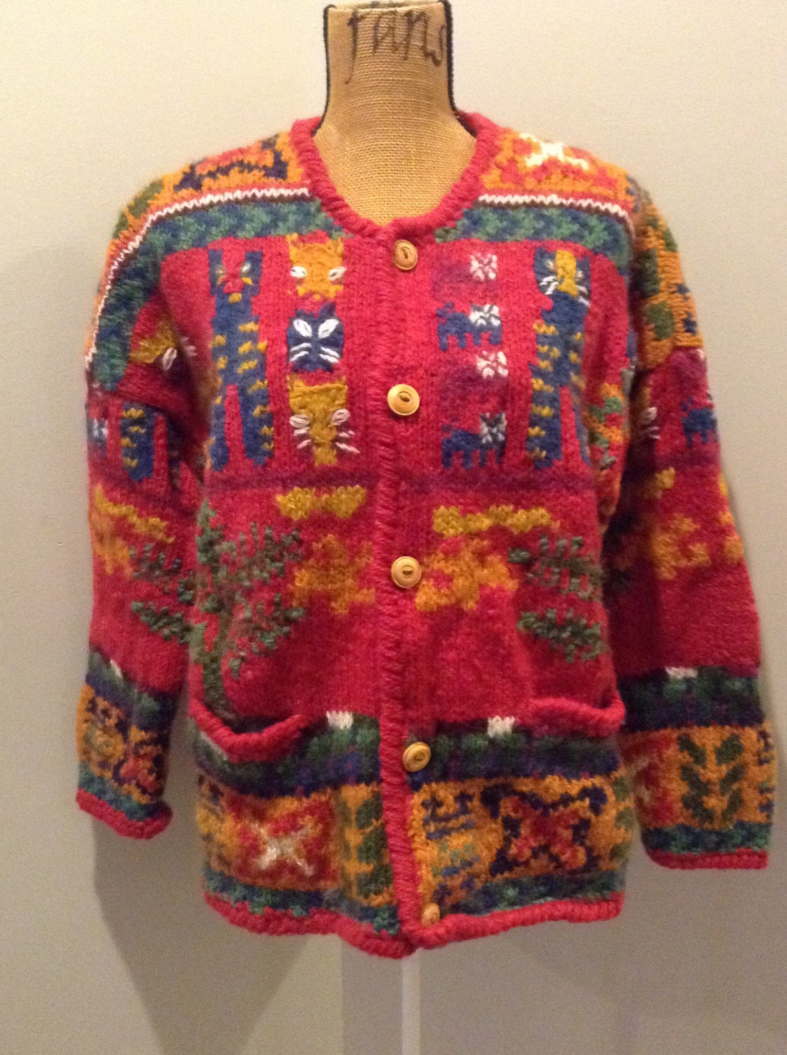 Kingspier Vintage - Express Tricot hand knit wool cardigan with multi coloured cat design, buttons and pockets. Size medium/ large.