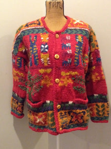 Kingspier Vintage - Express Tricot hand knit wool cardigan with multi coloured cat design, buttons and pockets. Size medium/ large.