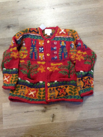 Kingspier Vintage - Express Tricot hand knit wool cardigan with multi coloured cat design, buttons and pockets. Size medium/ large.