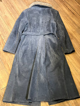Load image into Gallery viewer, Vintage Leather Attic long blue/grey suede coat with white fur collar, belt, two front pockets, button closures and a quilted lining.

Made in Canada, Size 13/14
