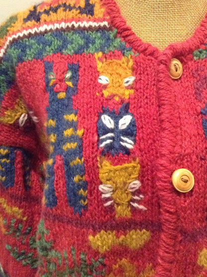 Kingspier Vintage - Express Tricot hand knit wool cardigan with multi coloured cat design, buttons and pockets. Size medium/ large.