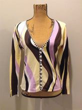 Load image into Gallery viewer, Kingspier Vintage - Pierri New York cardigan in yellow, black, white, purple and brown. Size medium.
