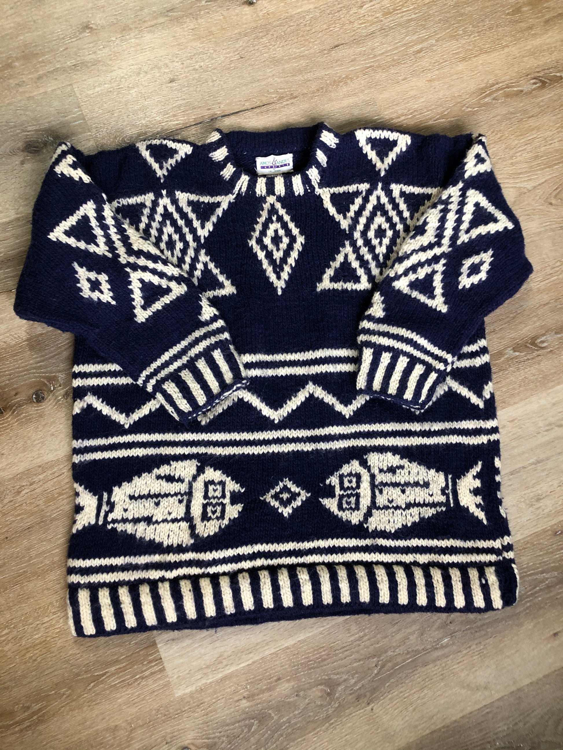 Kingspier Vintage - Amos & Andes Imports South American wool sweater in dark blue and white with fish motif. Size large.