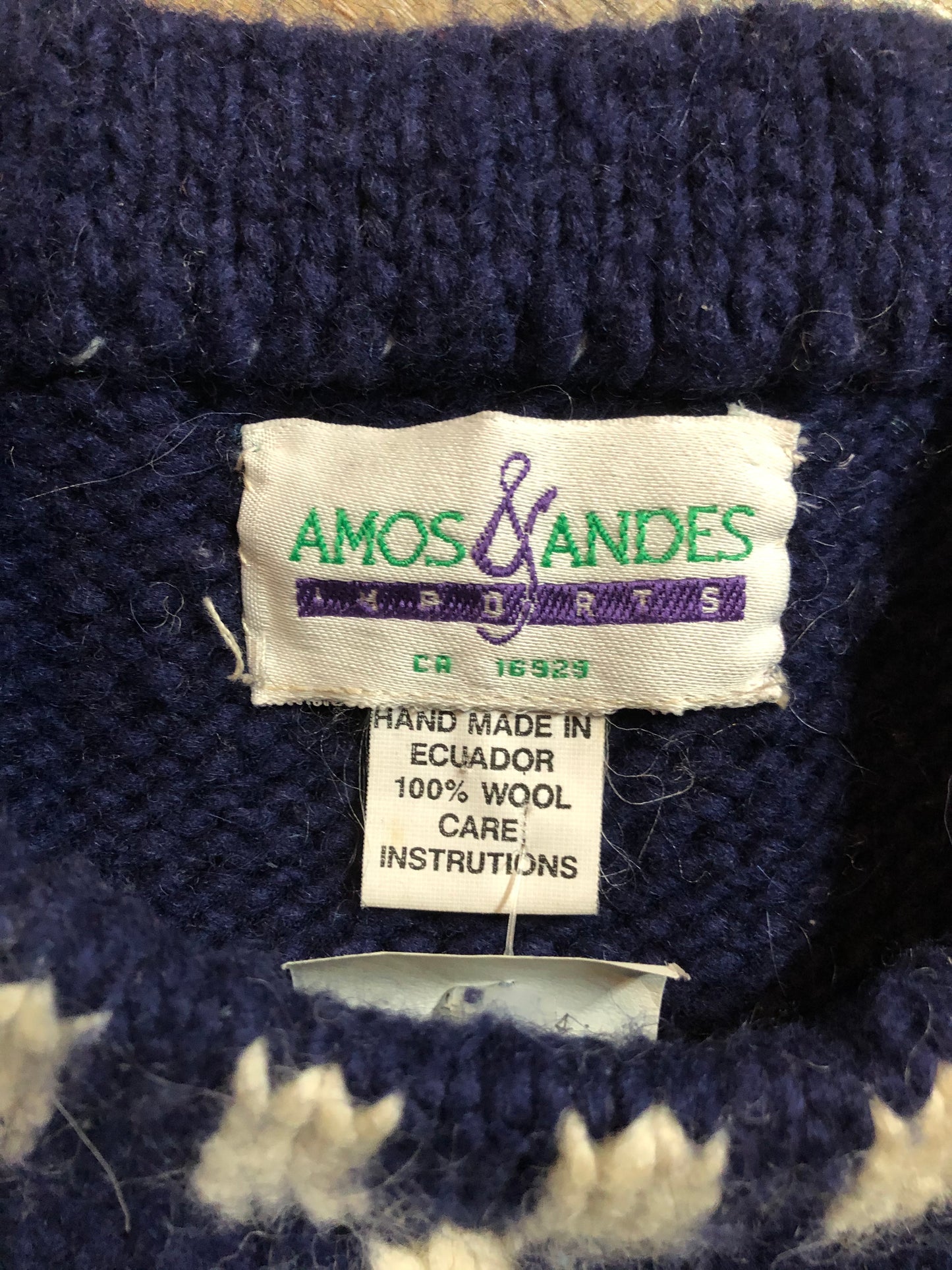 Kingspier Vintage - Amos & Andes Imports South American wool sweater in dark blue and white with fish motif. Size large.