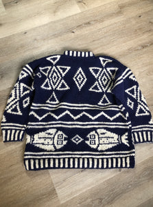 Kingspier Vintage - Amos & Andes Imports South American wool sweater in dark blue and white with fish motif. Size large.