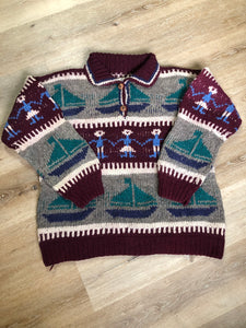 Kingspier Vintage - Amos & Andes Imports multi-coloured quarter button up wool sweater with sailboat motif. Made in Ecuador.