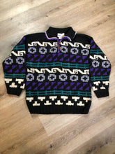 Load image into Gallery viewer, Kingspier Vintage - Amos &amp; Andes Imports quarter button up wool sweater in black, purple, green and cream. Made in Ecuador. Size XL. 
