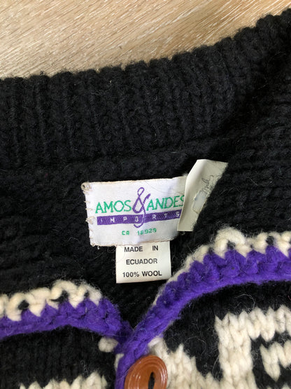 Kingspier Vintage - Amos & Andes Imports quarter button up wool sweater in black, purple, green and cream. Made in Ecuador. Size XL. 