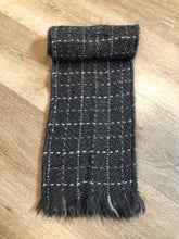 Load image into Gallery viewer, Kingspier Vintage - &quot;The colours of Ireland captured&quot; made by Branigan Weavers in Ireland. Grey and white wool scarf. Measures 8.5x64 inches.

