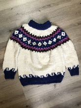 Load image into Gallery viewer, Kingspier Vintage - Vintage Handknit wool lopi sweater with white, navy, purple, pink and black design. Made in Ecuador. Size large. 

