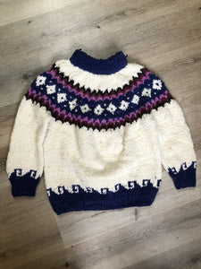 Kingspier Vintage - Vintage Handknit wool lopi sweater with white, navy, purple, pink and black design. Made in Ecuador. Size large. 