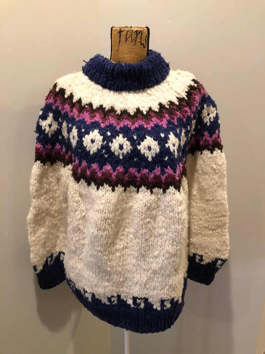 Kingspier Vintage - Vintage Handknit wool lopi sweater with white, navy, purple, pink and black design. Made in Ecuador. Size large. 