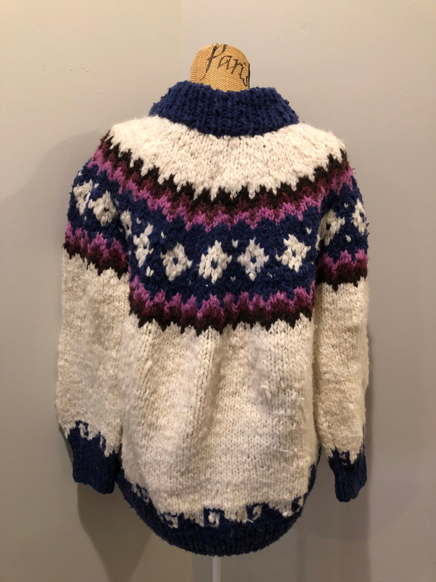 Kingspier Vintage - Vintage Handknit wool lopi sweater with white, navy, purple, pink and black design. Made in Ecuador. Size large. 