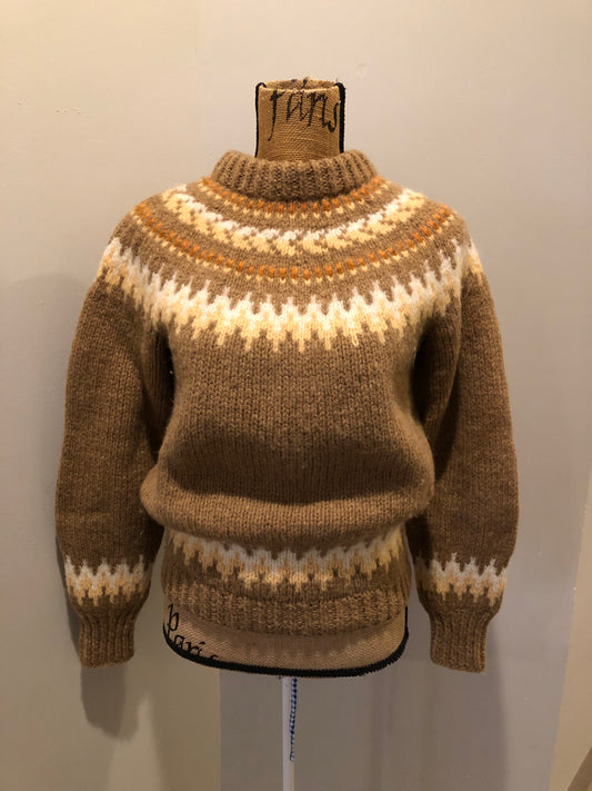 Kingspier Vintage - Handknit wool lopi sweater with browns, cream and yellow design. Made in Scotland. Size small/ XS.