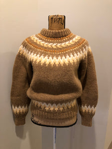Kingspier Vintage - Handknit wool lopi sweater with browns, cream and yellow design. Made in Scotland. Size small/ XS. 