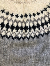Load image into Gallery viewer, Kingspier Vintage - Handknit wool lopi sweater with grey, white and black design. Made in Nova Scotia, Canada. Size small. 
