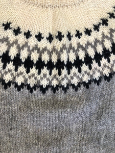 Kingspier Vintage - Handknit wool lopi sweater with grey, white and black design. Made in Nova Scotia, Canada. Size small. 