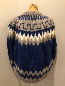 Kingspier Vintage - Handknit wool lopi sweater with dark blue, grey and white design. Made in Greece. Size XL. 