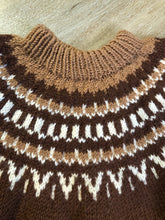 Load image into Gallery viewer, Kingspier Vintage - Handknit lopi sweater with warm brown and white design. Fibres unknown. Made in Nova Scotia, Canada. Size medium. 
