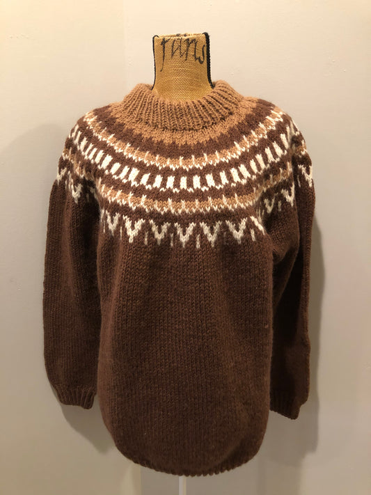 Kingspier Vintage - Handknit lopi sweater with warm brown and white design. Fibres unknown. Made in Nova Scotia, Canada. Size medium. 