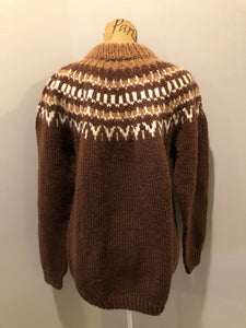 Kingspier Vintage - Handknit lopi sweater with warm brown and white design. Fibres unknown. Made in Nova Scotia, Canada. Size medium. 