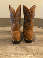 Load image into Gallery viewer, Twisted leather light brown cowboy boots with blue decorative stitching, leather lined with synthetic soles.  Size 10M, 12W US/ 43 EUR
