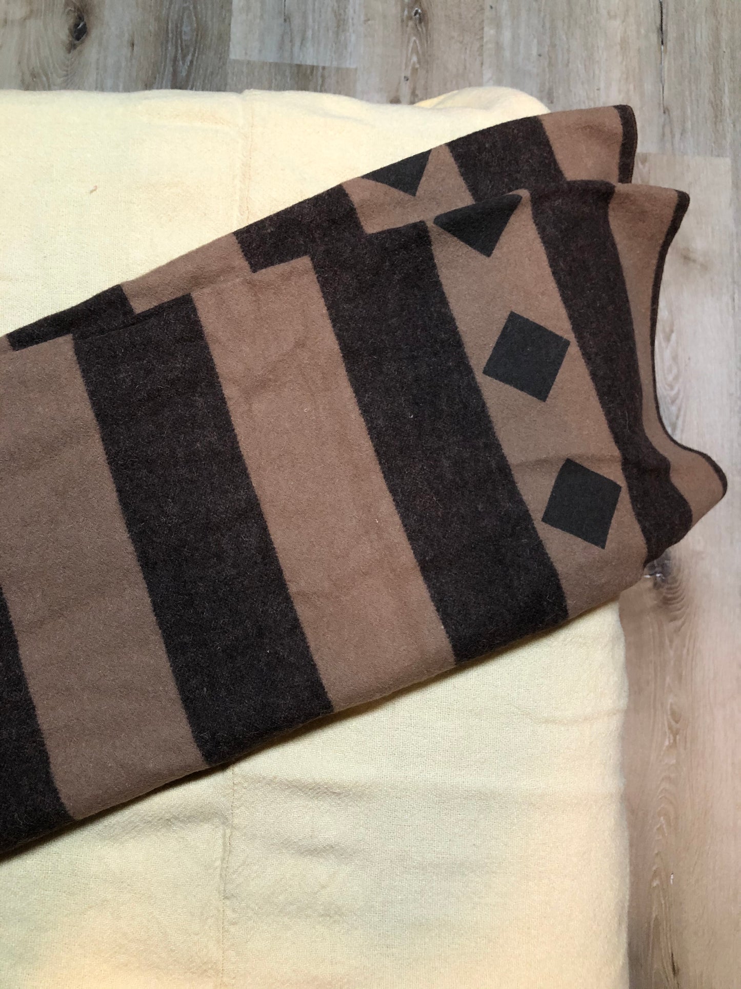 Kingspier Vintage - Brown striped wool throw with diamond shape design.