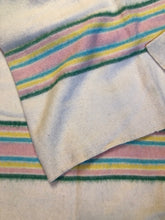 Load image into Gallery viewer, Kingspier Vintage - Vintage white 100% wool blanket with green, blue, yellow and pink stripe at both ends. Fits a twin size bed.
