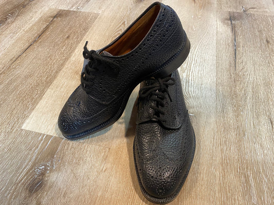 Kingspier Vintage - Black 1950s Ranch Oxhide Pebbled Leather Full Brogue Wingtip Derbies by Church's Famous English Shoes - Sizes: 6M 7.5W 38-39EURO, Made in Northampton, England, Leather Soles and Partial Rubber Heels