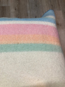 Kingspier Vintage - White 100% wool small blanket or throw with pastel stripes on both ends.