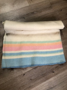 Kingspier Vintage - White 100% wool small blanket or throw with pastel stripes on both ends.