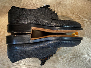 Kingspier Vintage - Black 1950s Ranch Oxhide Pebbled Leather Full Brogue Wingtip Derbies by Church's Famous English Shoes - Sizes: 6M 7.5W 38-39EURO, Made in Northampton, England, Leather Soles and Partial Rubber Heels