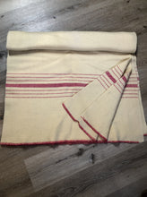Load image into Gallery viewer, Kingspier Vintage - Vintage cream 100% wool small blanket or throw with dark pink stripe at both ends.
