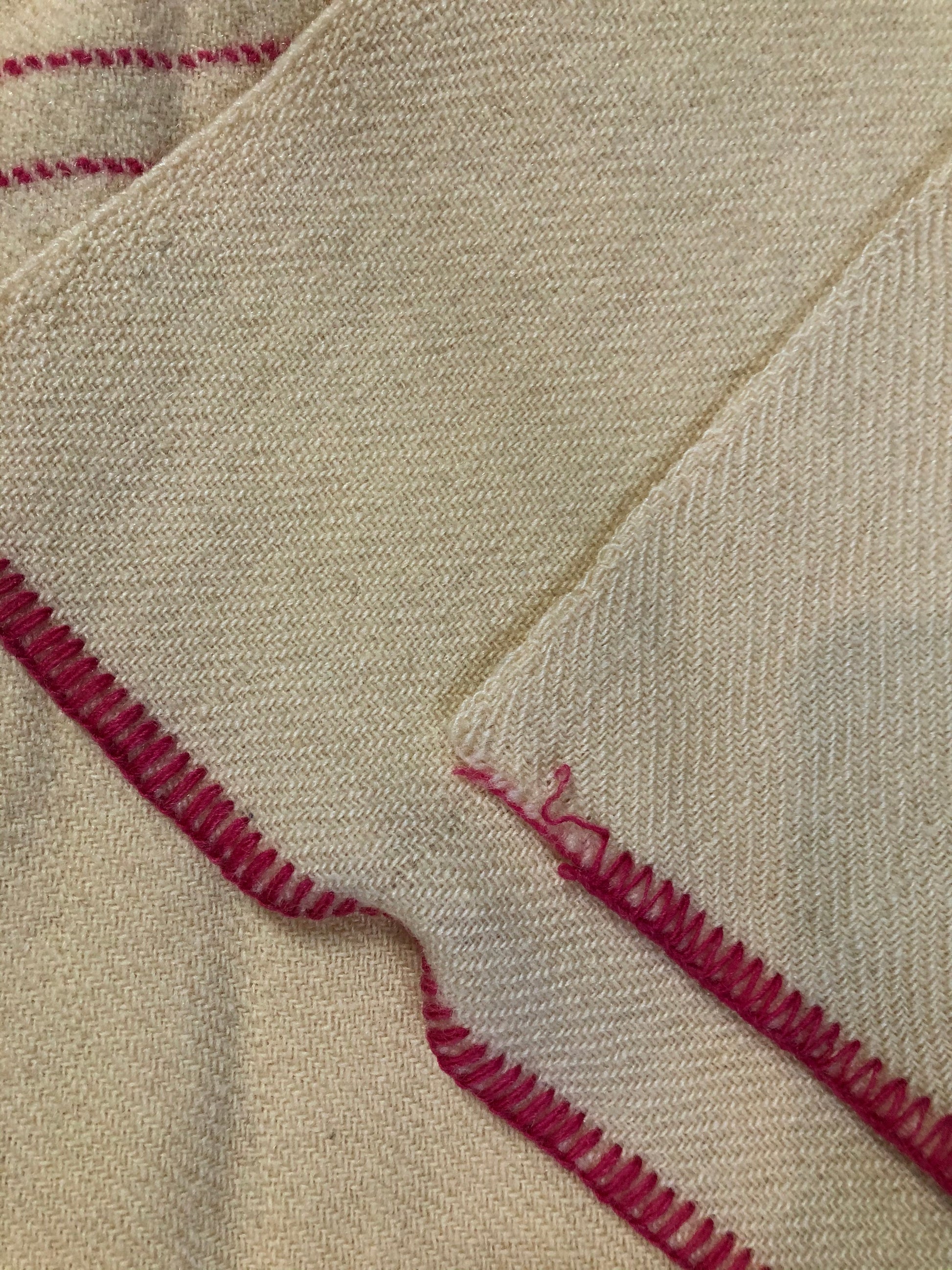 Kingspier Vintage - Vintage cream 100% wool small blanket or throw with dark pink stripe at both ends.