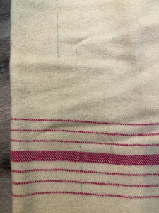 Kingspier Vintage - Vintage cream 100% wool small blanket or throw with dark pink stripe at both ends.