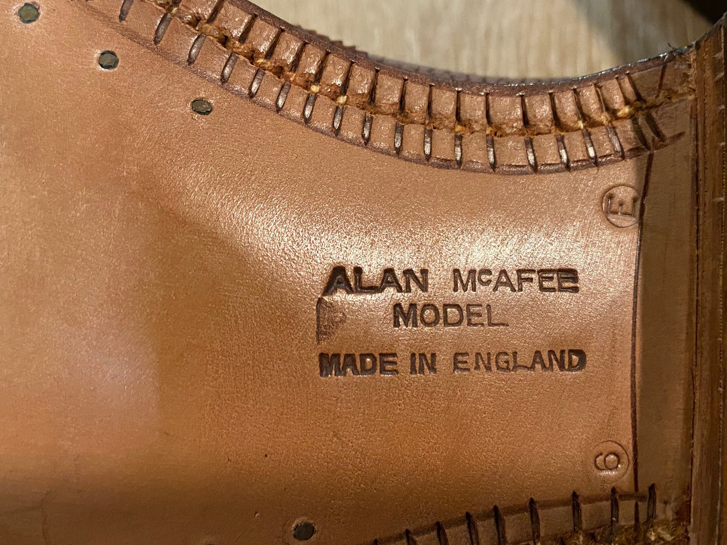 Kingspier Vintage - <p> Brown Ranch Oxhide Leather Full Brogue Wingtip Derbies by Alan McAfee LTD London W.I.</p>
<p>Sizes: 6M 7.5W 38-39EURO</p>
<p>Made in England</p>
<p>Leather Soles</p>
<p>McAfees Rubbertip Heels</p>
<p>Original Style Information and Sizing Handwritten on Inside</p>