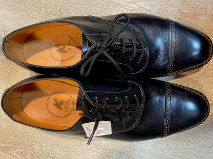 Kingspier Vintage - Black Quarter Brogue Cap Toe Oxfords by K Shoes for Men, Sizes: 6M 7.5W 38-39EURO, Made in England, Leather Uppers, All Leather Soles