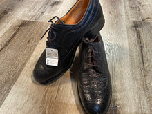 Load image into Gallery viewer, Kingspier Vintage - 1940s Black Water Buffalo Textured Leather Full Brogue Wingtip Derby by Hector La Montagne Inc.- Sizes: 7M 8.5W 39-40EURO, Made in Canada, Winguard Safety Toes, CSA Protective Footwear S 14362 Grade 1, Genuine Solid Leather Soles, Trojan Super Rubber Heels
