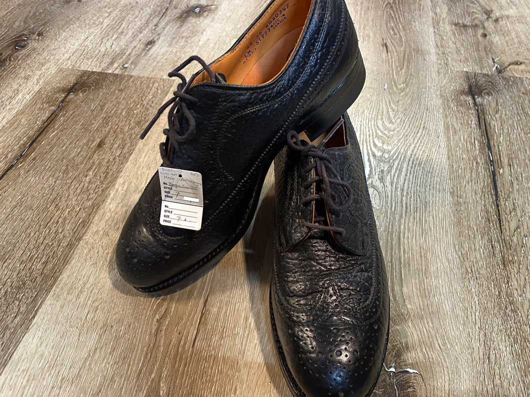 Kingspier Vintage - 1940s Black Water Buffalo Textured Leather Full Brogue Wingtip Derby by Hector La Montagne Inc.- Sizes: 7M 8.5W 39-40EURO, Made in Canada, Winguard Safety Toes, CSA Protective Footwear S 14362 Grade 1, Genuine Solid Leather Soles, Trojan Super Rubber Heels