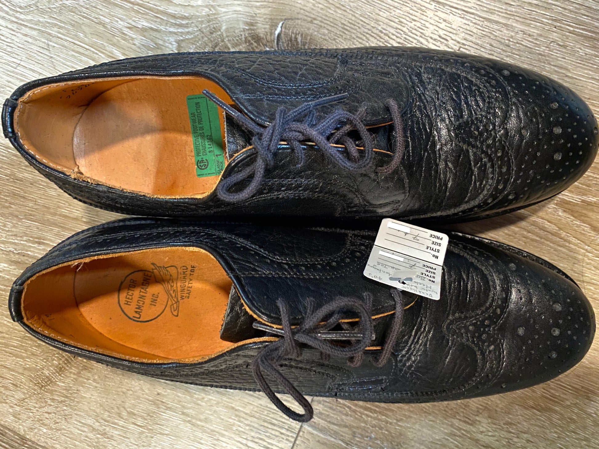 Kingspier Vintage - 1940s Black Water Buffalo Textured Leather Full Brogue Wingtip Derby by Hector La Montagne Inc.- Sizes: 7M 8.5W 39-40EURO, Made in Canada, Winguard Safety Toes, CSA Protective Footwear S 14362 Grade 1, Genuine Solid Leather Soles, Trojan Super Rubber Heels