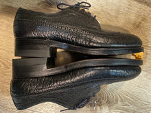 Load image into Gallery viewer, Kingspier Vintage - 1940s Black Water Buffalo Textured Leather Full Brogue Wingtip Derby by Hector La Montagne Inc.- Sizes: 7M 8.5W 39-40EURO, Made in Canada, Winguard Safety Toes, CSA Protective Footwear S 14362 Grade 1, Genuine Solid Leather Soles, Trojan Super Rubber Heels

