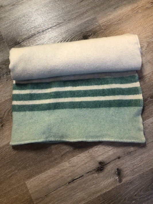 Kingspier Vintage - Vintage 60’s Ayer’s of Lachute 100% wool blanket in cream with green stripes at both ends. Mother proof and made in Canada.