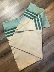 Kingspier Vintage - Vintage 60’s Ayer’s of Lachute 100% wool blanket in cream with green stripes at both ends. Mother proof and made in Canada.