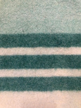 Load image into Gallery viewer, Kingspier Vintage - Vintage 60’s Ayer’s of Lachute 100% wool blanket in cream with green stripes at both ends. Mother proof and made in Canada.
