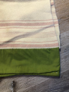 Kingspier Vintage - Vintage Boswell beige and pink stripe wool lap blanket with green reinforcement on the back of the ribbon.
