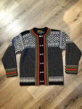 Load image into Gallery viewer, Vintage Nordstrikk 100% wool cardigan with colourful Norwegian pattern and pewter clasps. NWOT. Made in Norway - Kingspier Vintage

