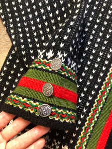 Vintage Nordstrikk 100% wool cardigan with colourful Norwegian pattern and pewter clasps. NWOT. Made in Norway - Kingspier Vintage